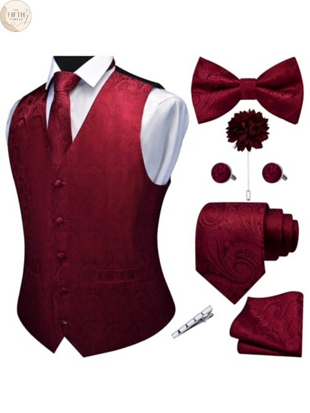 Mens V-Neck Suit Vest Paisley Jacquard Tie Waistcoat Bow Tie Hanky 7PC Set